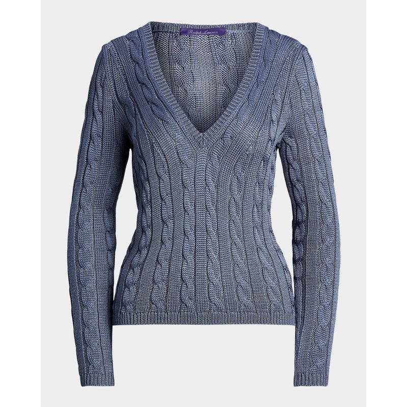 V-Neck-High-Shine-Silk-Cable-Knit-Sweater